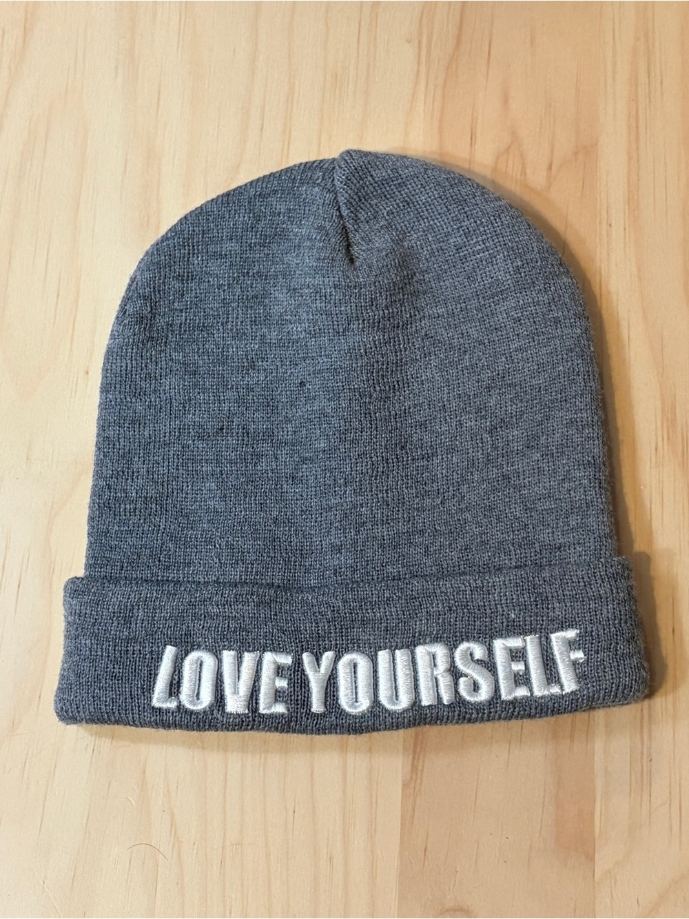 Justin Bieber Gray Knit Beanie with "LOVE YOURSELF" Embroidery